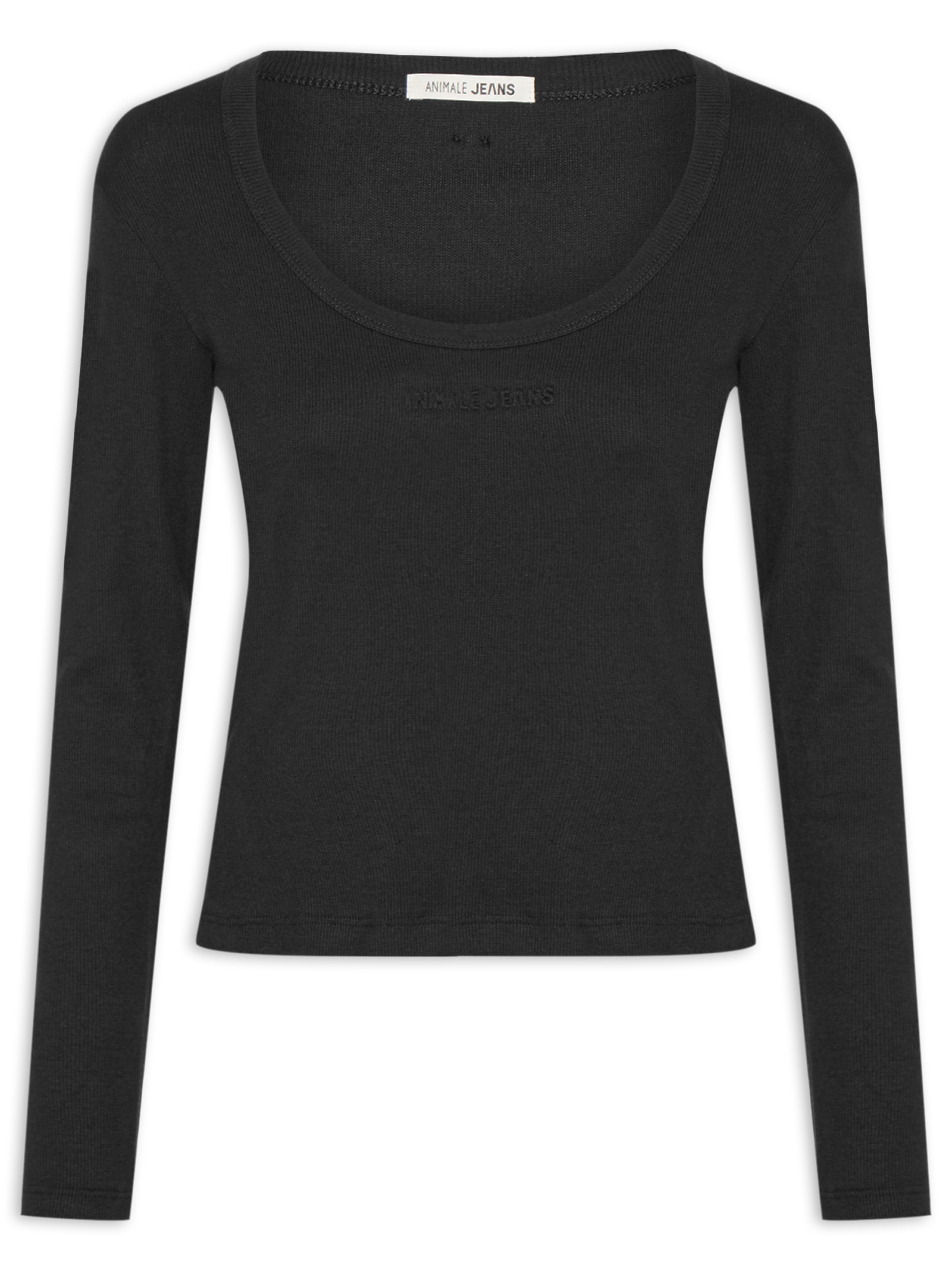 Blusa Feminina Manga Longa Decote Redondo Básica Preto Animale Jeans