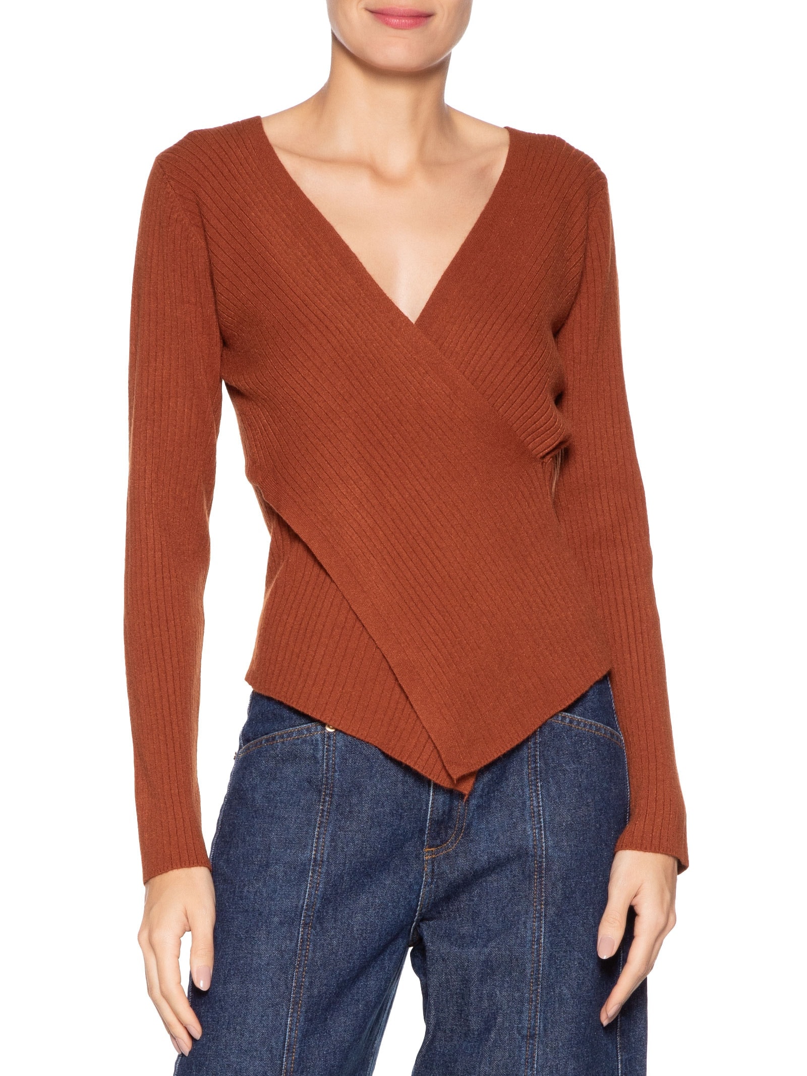 Blusa Feminina Manga Longa Decote Transpassado Marrom Basiq