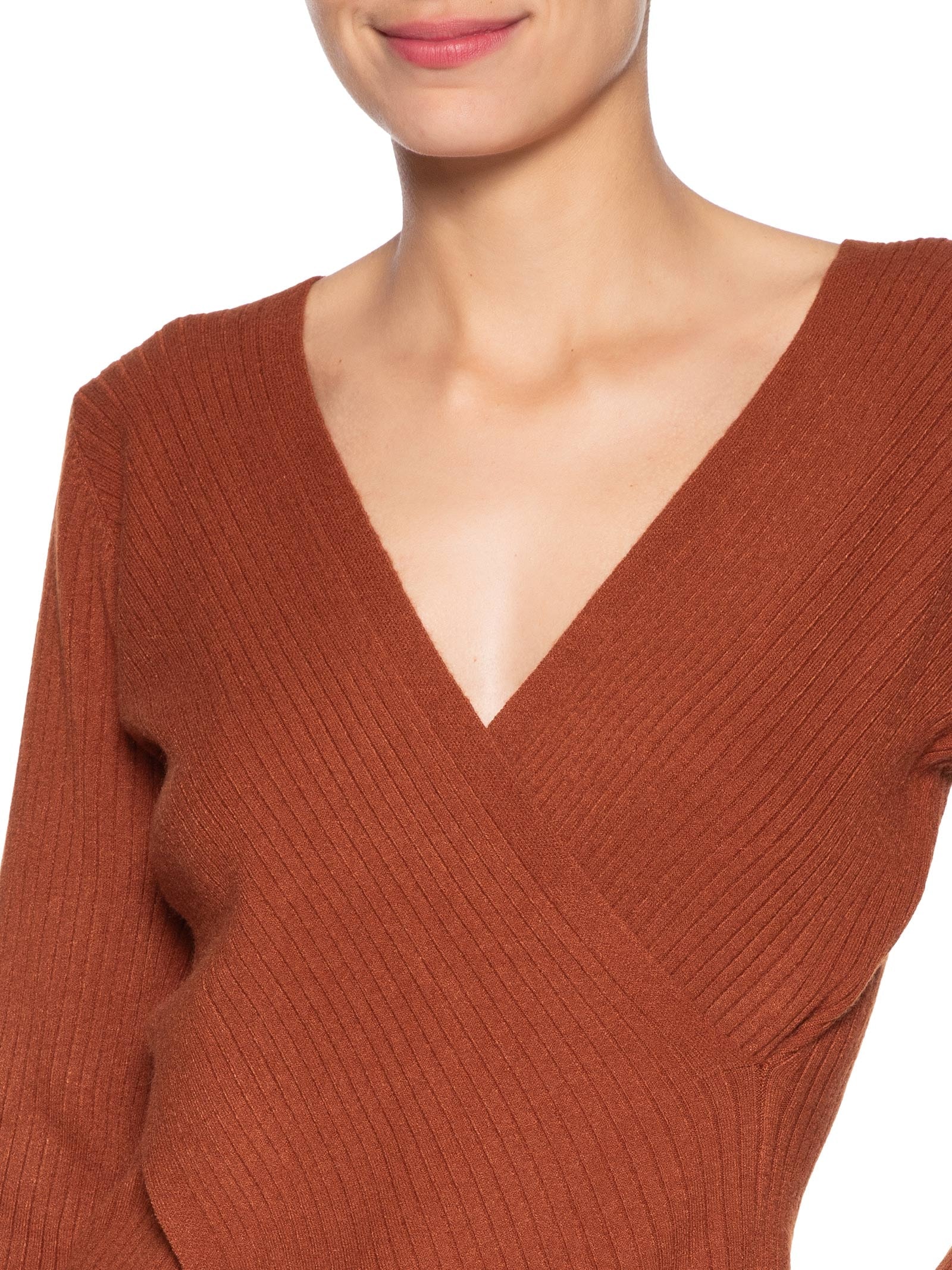 Blusa Feminina Manga Longa Decote Transpassado Marrom Basiq