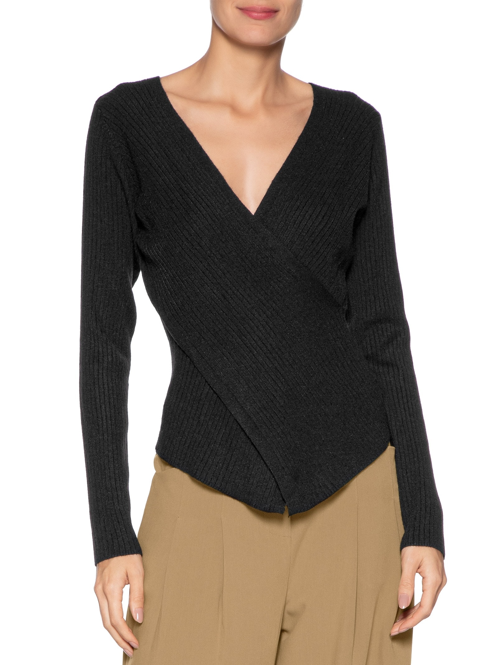 Blusa Feminina Manga Longa Decote Transpassado Preto Basiq