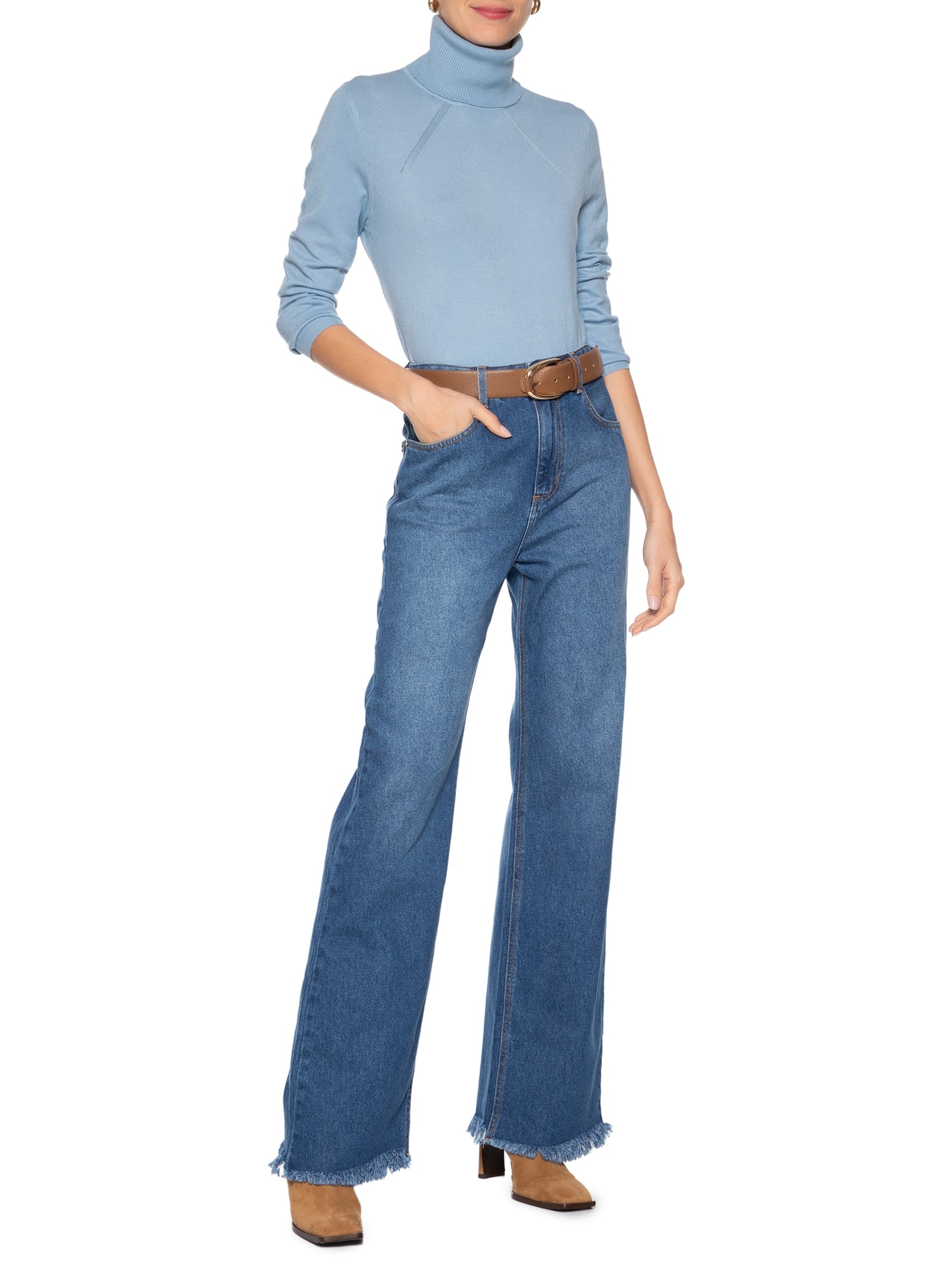 Blusa Feminina Manga Longa E Gola Alta Azul '2Essential