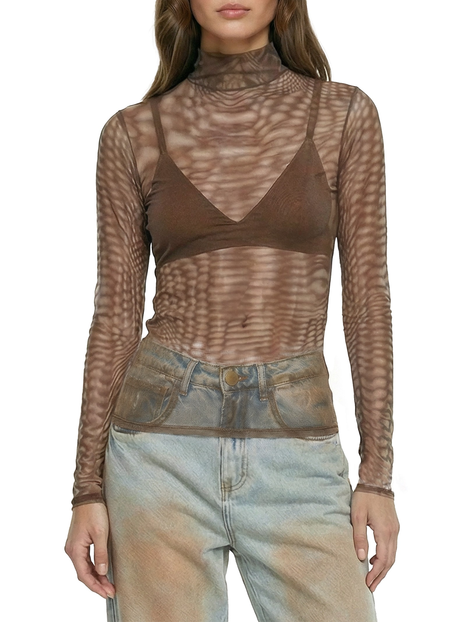 Blusa Feminina Manga Longa e Gola Alta Marrom Lança Perfume