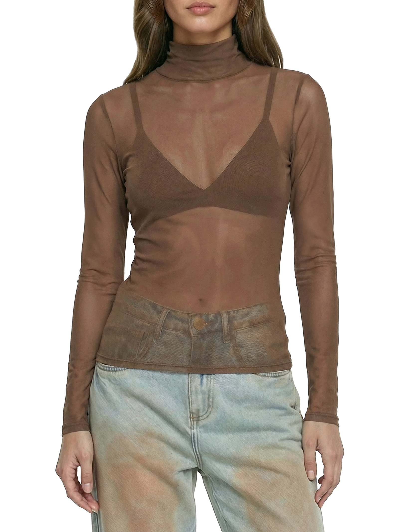 Blusa Feminina Manga Longa e Gola Alta Marrom Lança Perfume