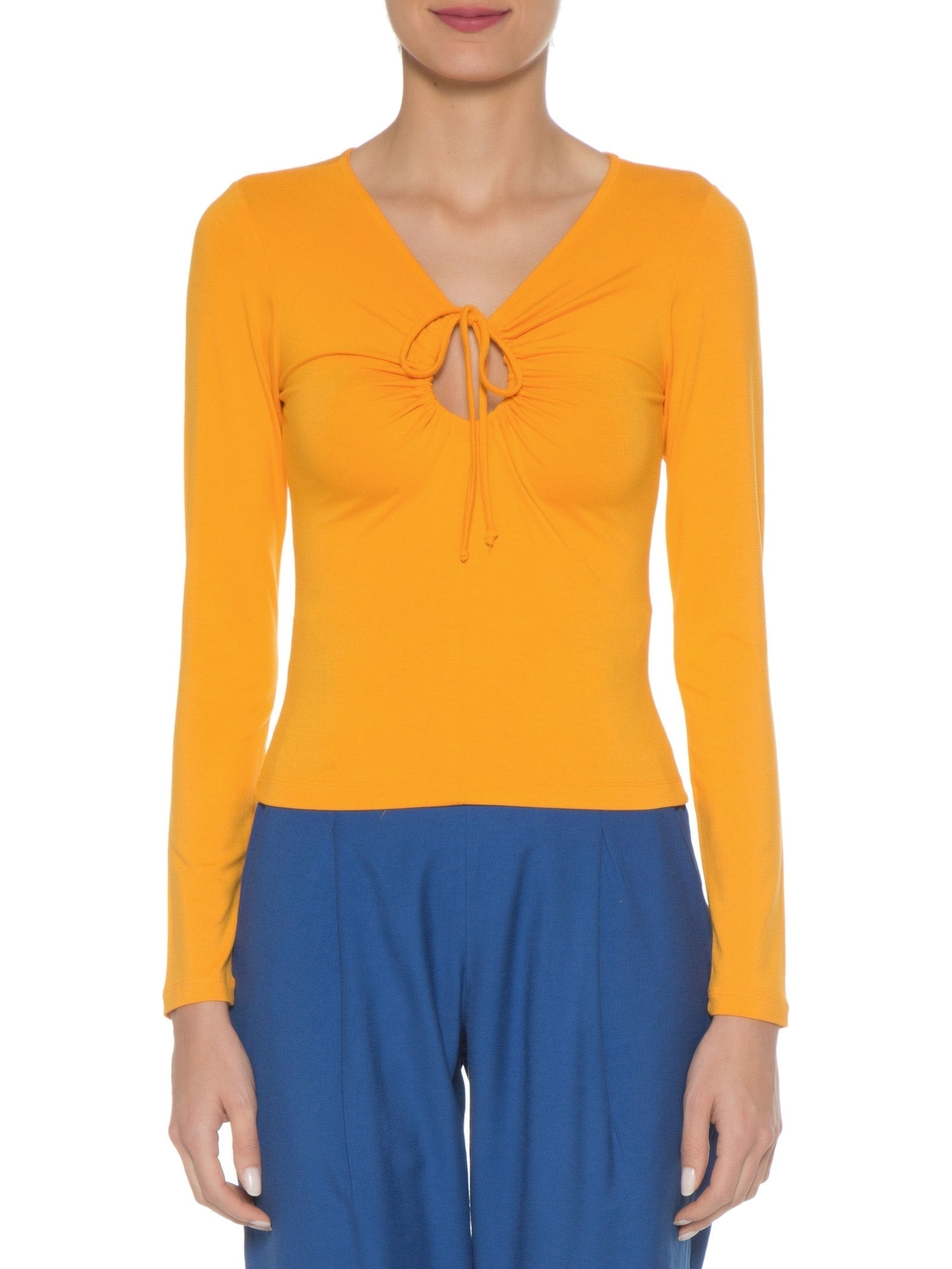 Blusa Feminina Manga Longa Em Malha Franzido Amarelo '2Essential