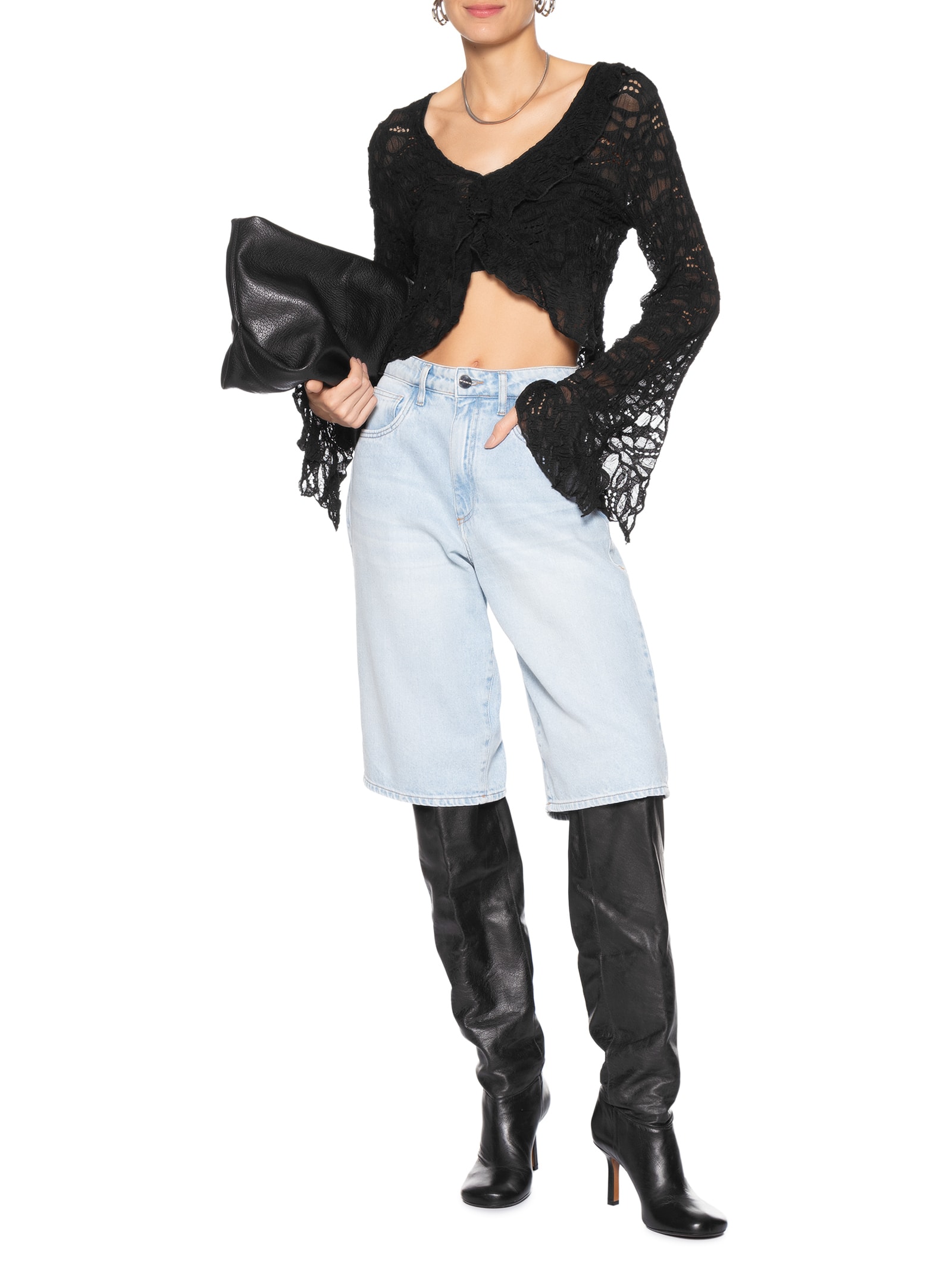 Blusa Feminina Manga Longa Em Renda Preto Market 33