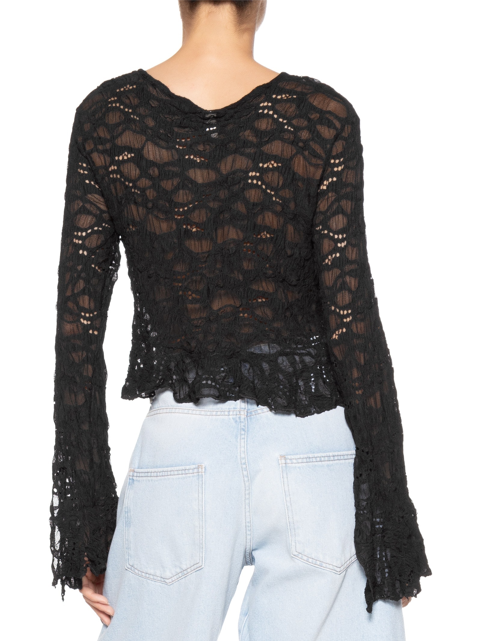 Blusa Feminina Manga Longa Em Renda Preto Market 33