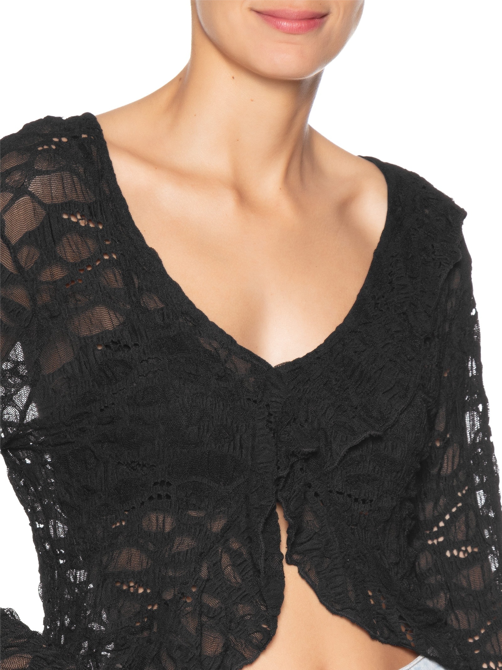 Blusa Feminina Manga Longa Em Renda Preto Market 33