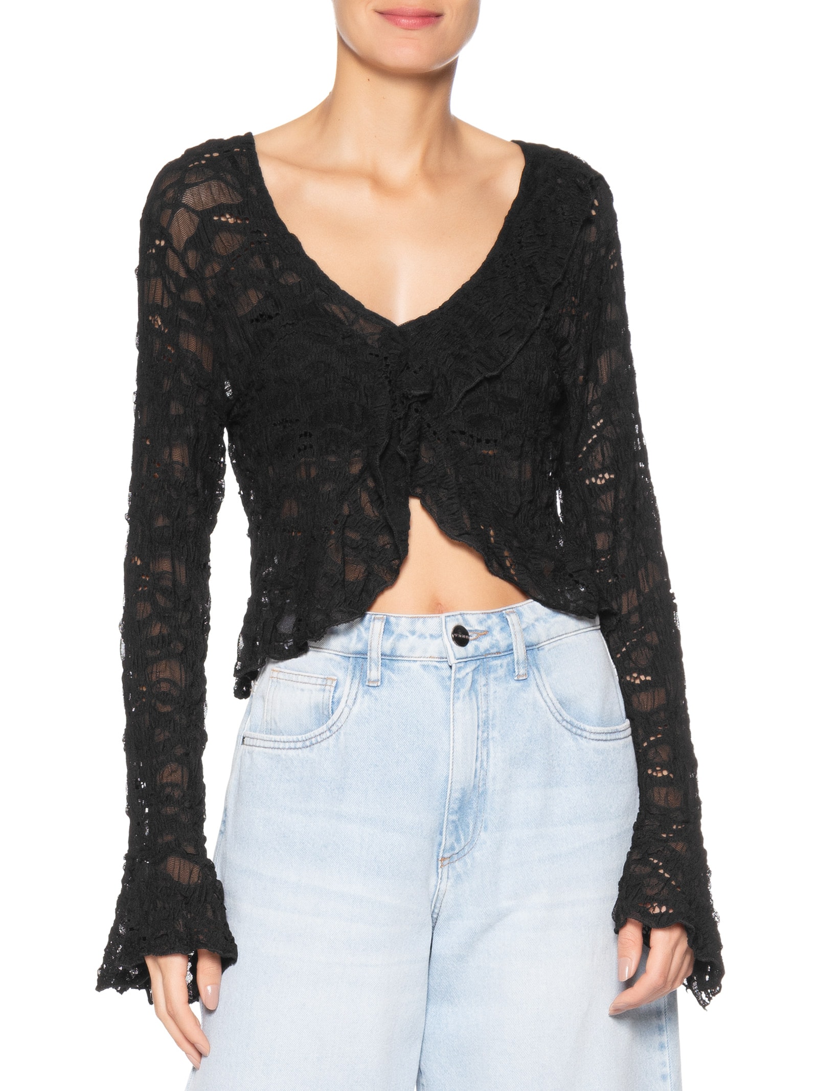 Blusa Feminina Manga Longa Em Renda Preto Market 33