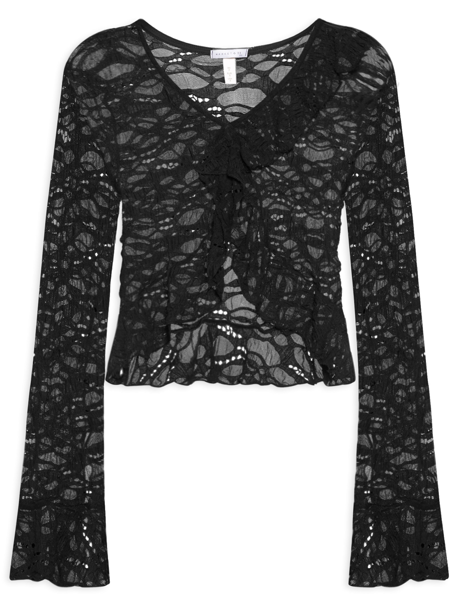 Blusa Feminina Manga Longa Em Renda Preto Market 33