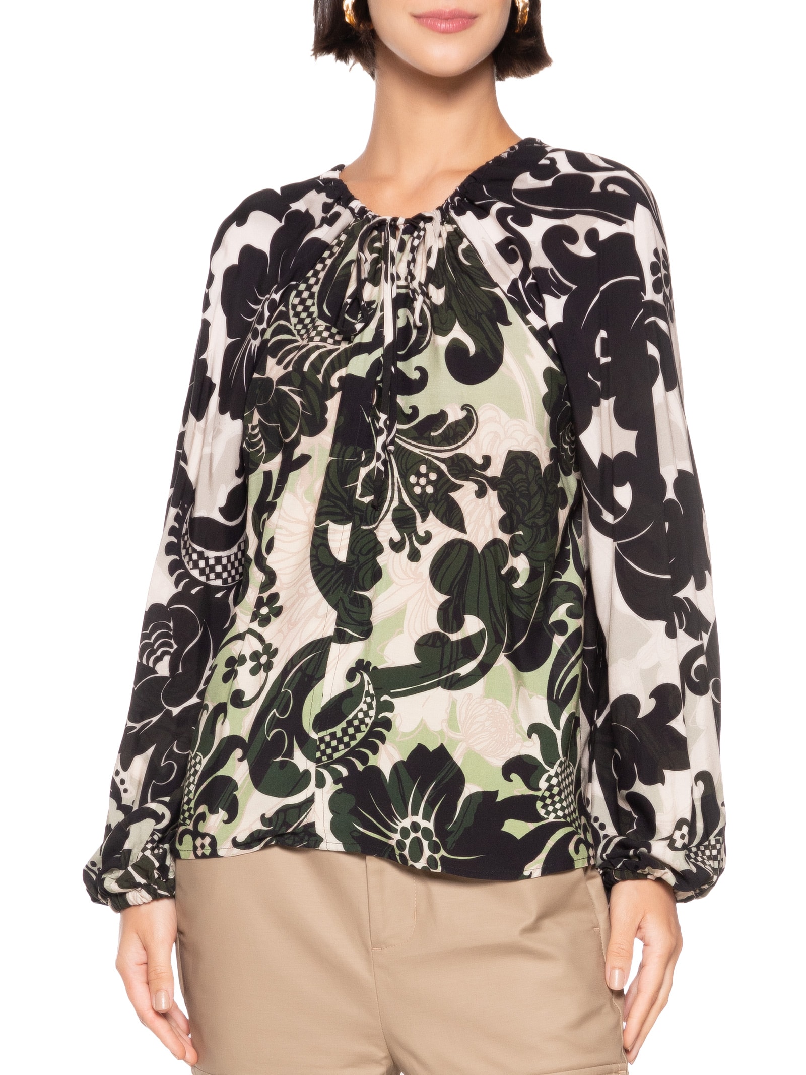 Mob Blusa Feminina Manga Longa Estampa Tropical Flowers Preto
