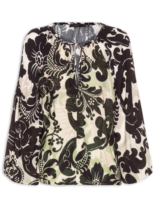 Blusa Feminina Manga Longa Estampa Tropical Flowers – Preto