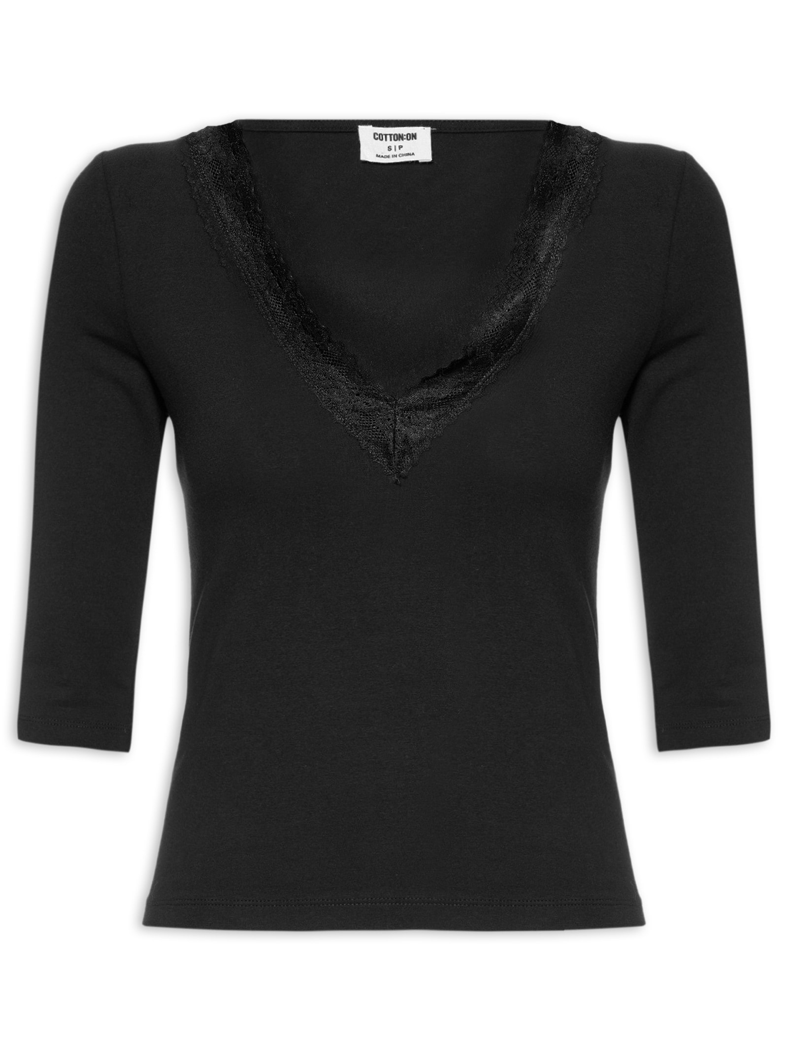 Blusa Feminina Manga Longa Eva Lace 3/4 Top Preto Cotton On