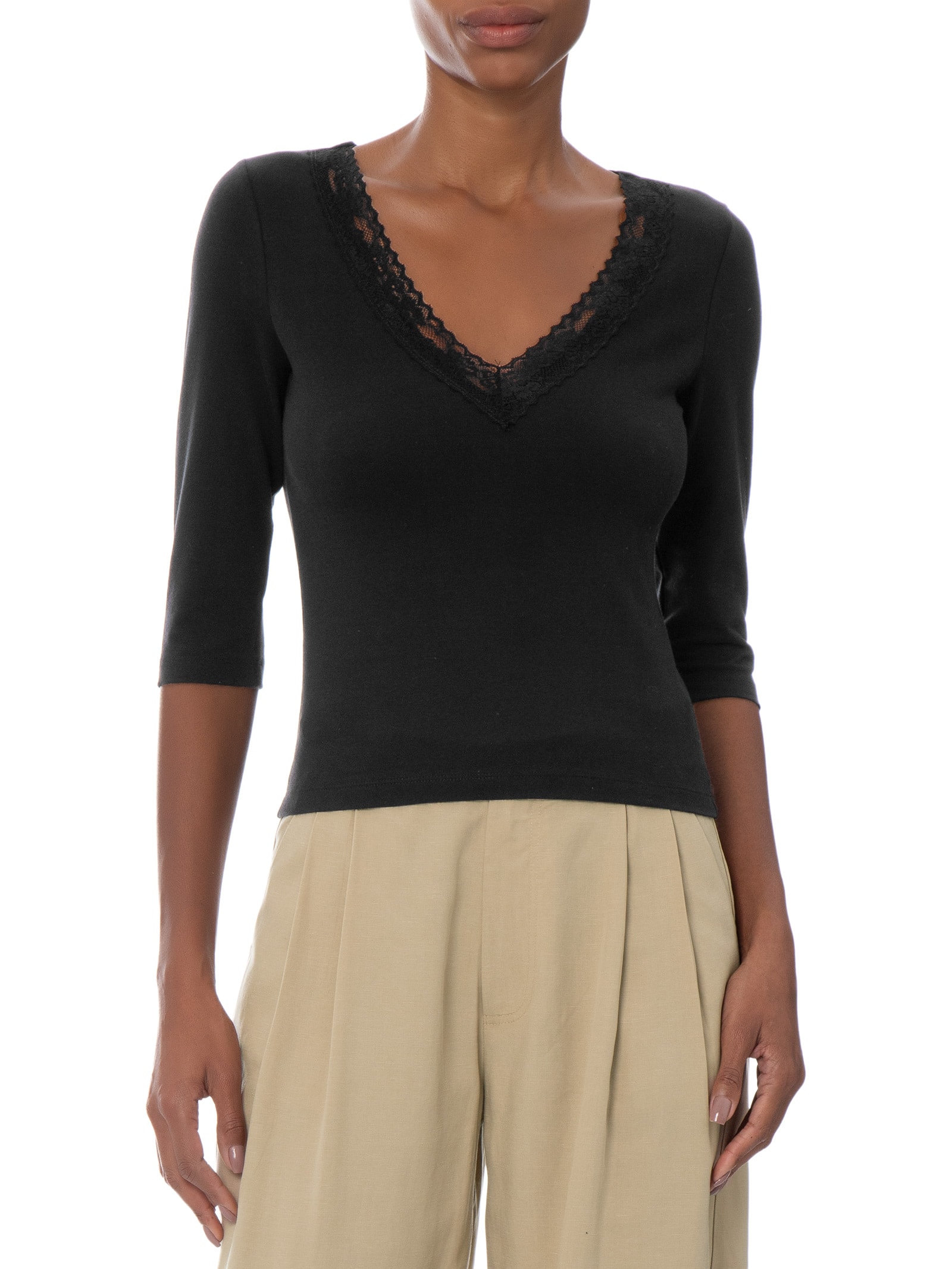 Blusa Feminina Manga Longa Eva Lace 3/4 Top Preto Cotton On