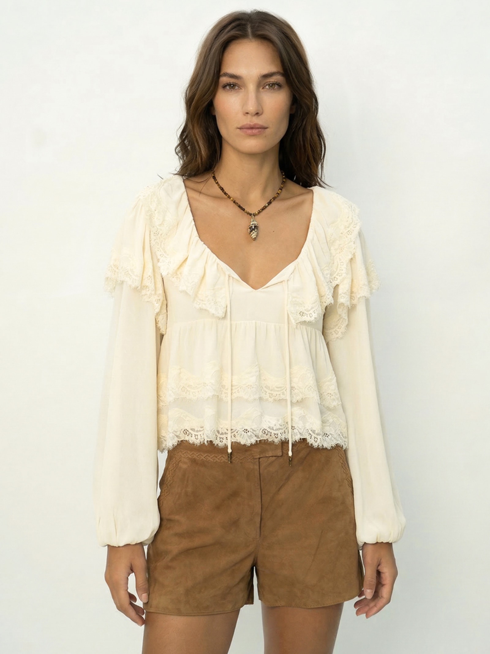 Blusa Feminina Manga Longa Ggt Renda Off White Maria Filó