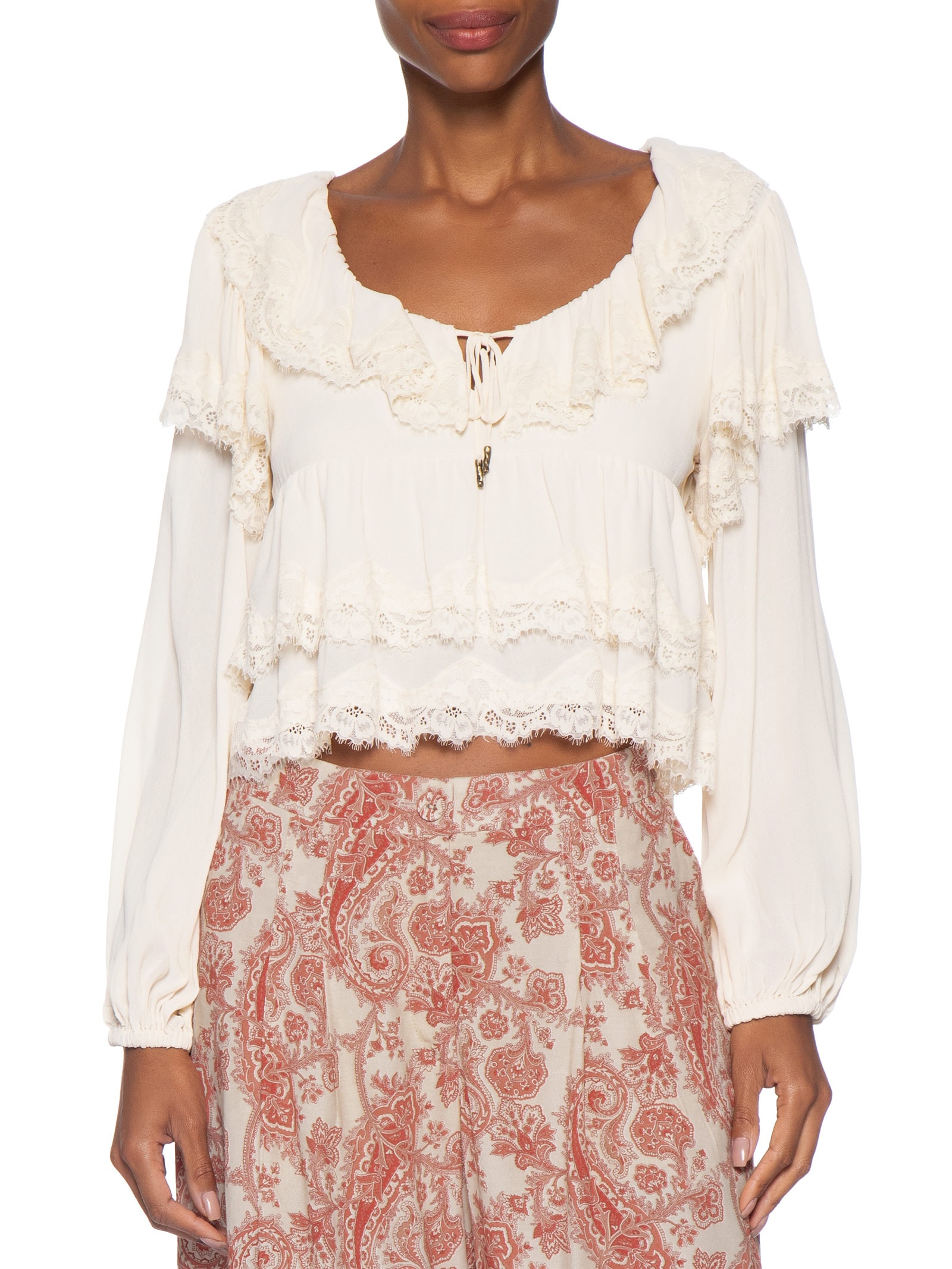 Blusa Feminina Manga Longa Ggt Renda Off White Maria Filó