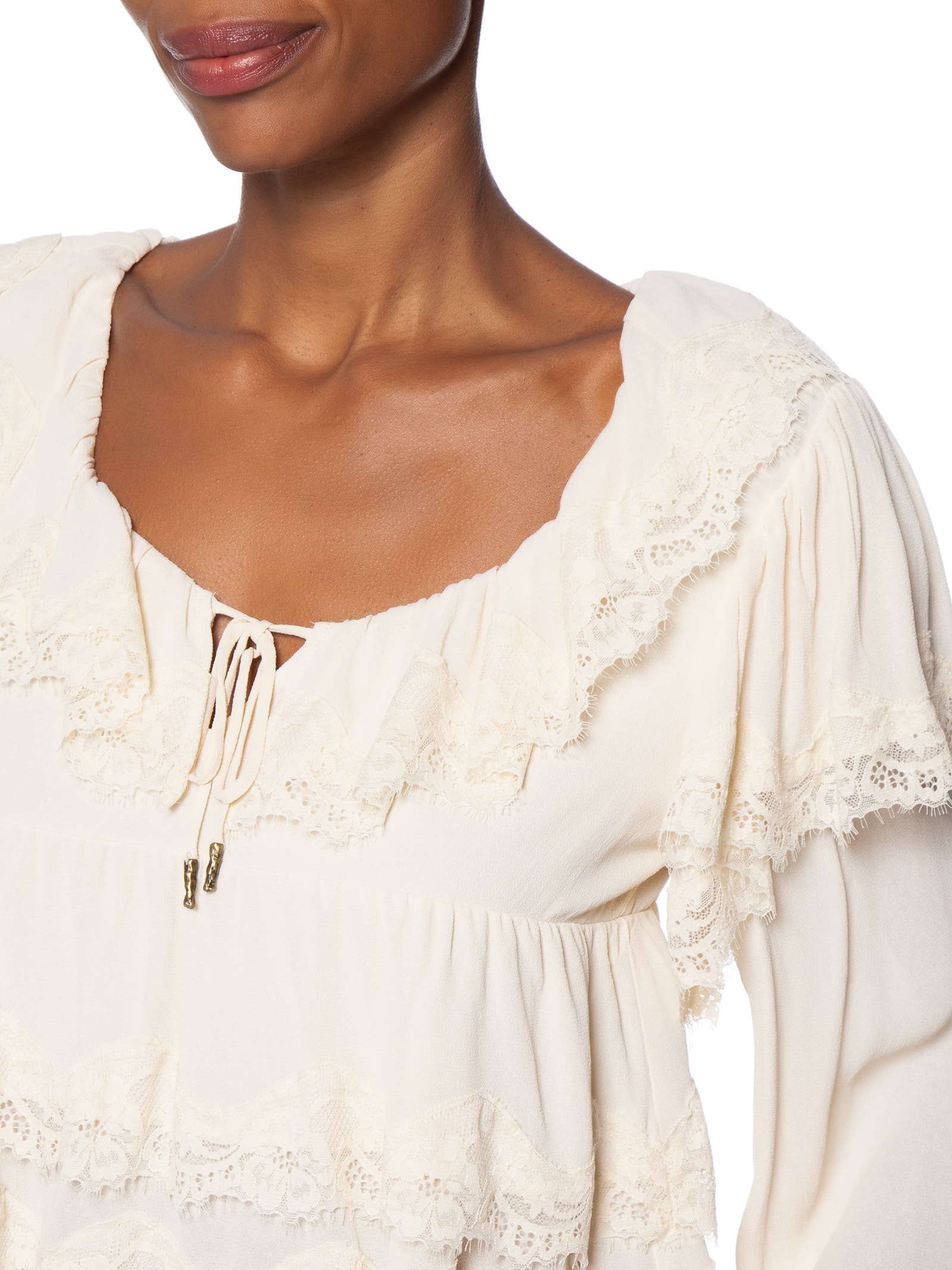 Blusa Feminina Manga Longa Ggt Renda Off White Maria Filó