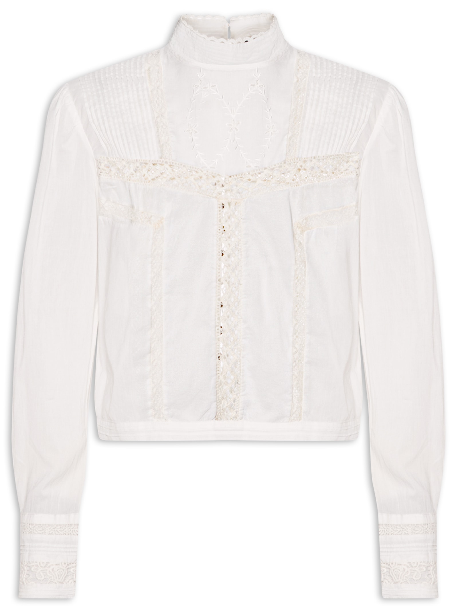 Blusa Feminina Manga Longa Gola Alta De Voil De Algodão Com Renda Branco Animale