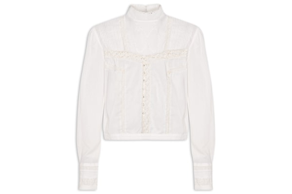 Blusa Feminina Manga Longa Gola Alta De Voil De Algodão Com Renda - Branco