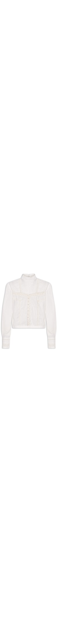 Blusa Feminina Manga Longa Gola Alta De Voil De Algodão Com Renda - Branco