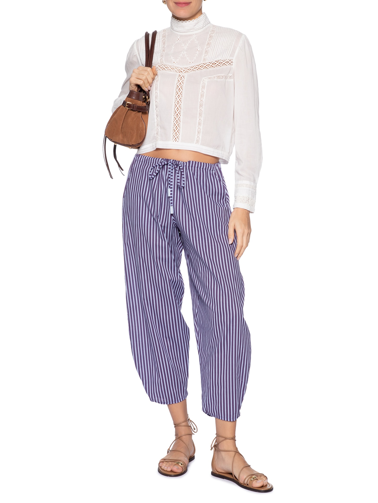 Blusa Feminina Manga Longa Gola Alta De Voil De Algodão Com Renda Branco Animale