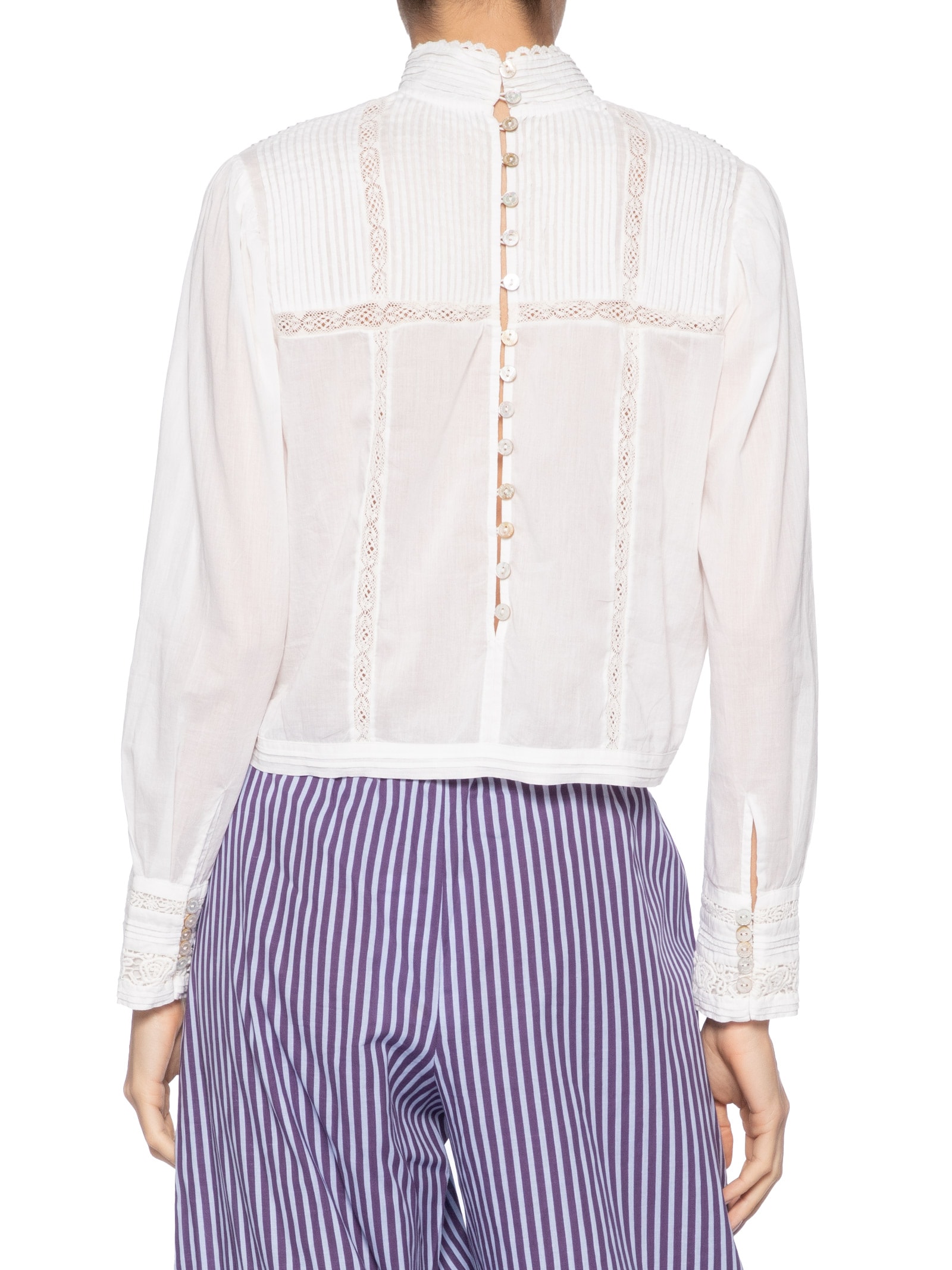 Blusa Feminina Manga Longa Gola Alta De Voil De Algodão Com Renda Branco Animale