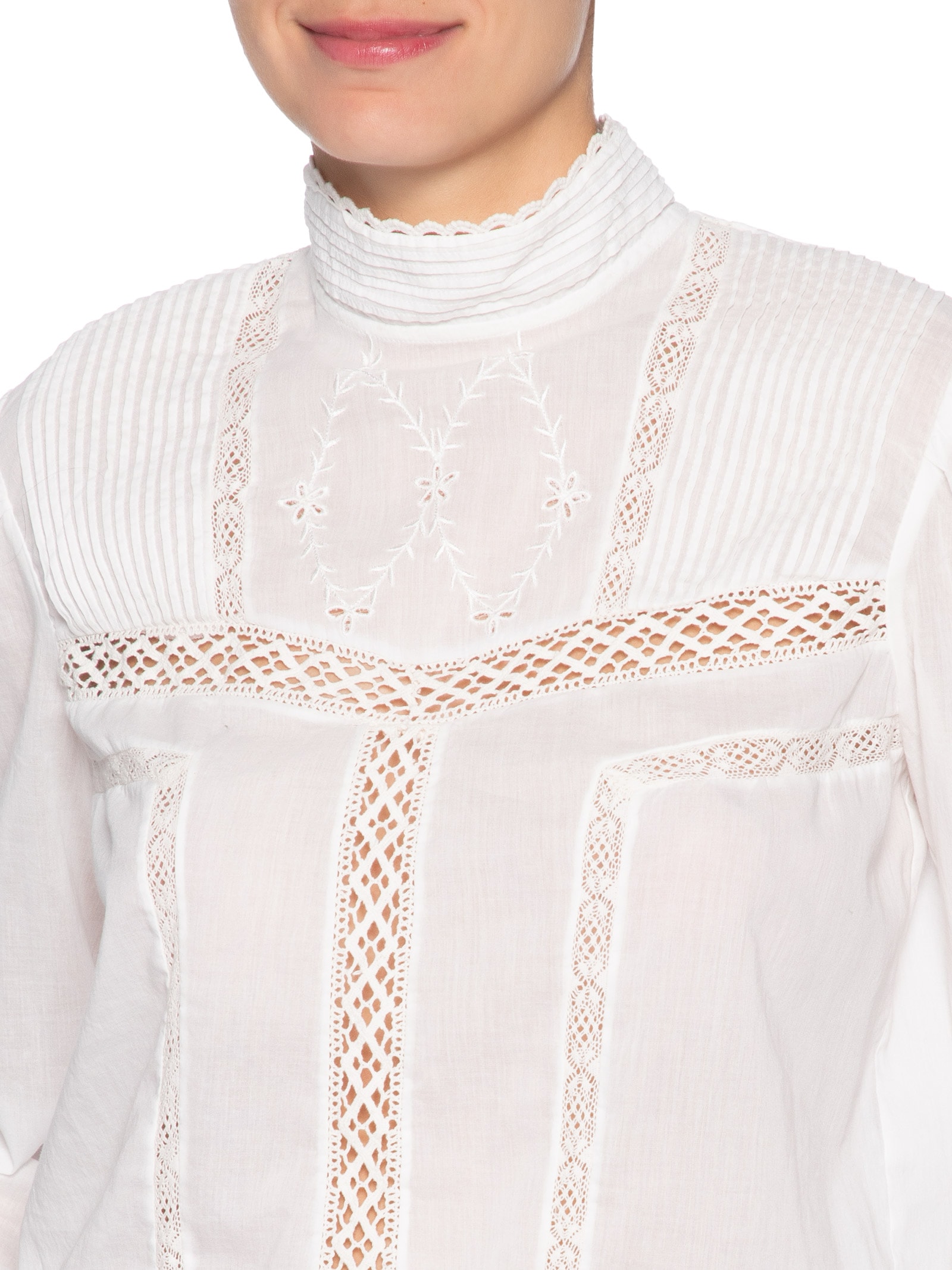Blusa Feminina Manga Longa Gola Alta De Voil De Algodão Com Renda Branco Animale
