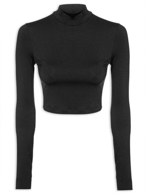 Blusa Feminina Manga Longa Gola Alta Dedeira Liso - Preto