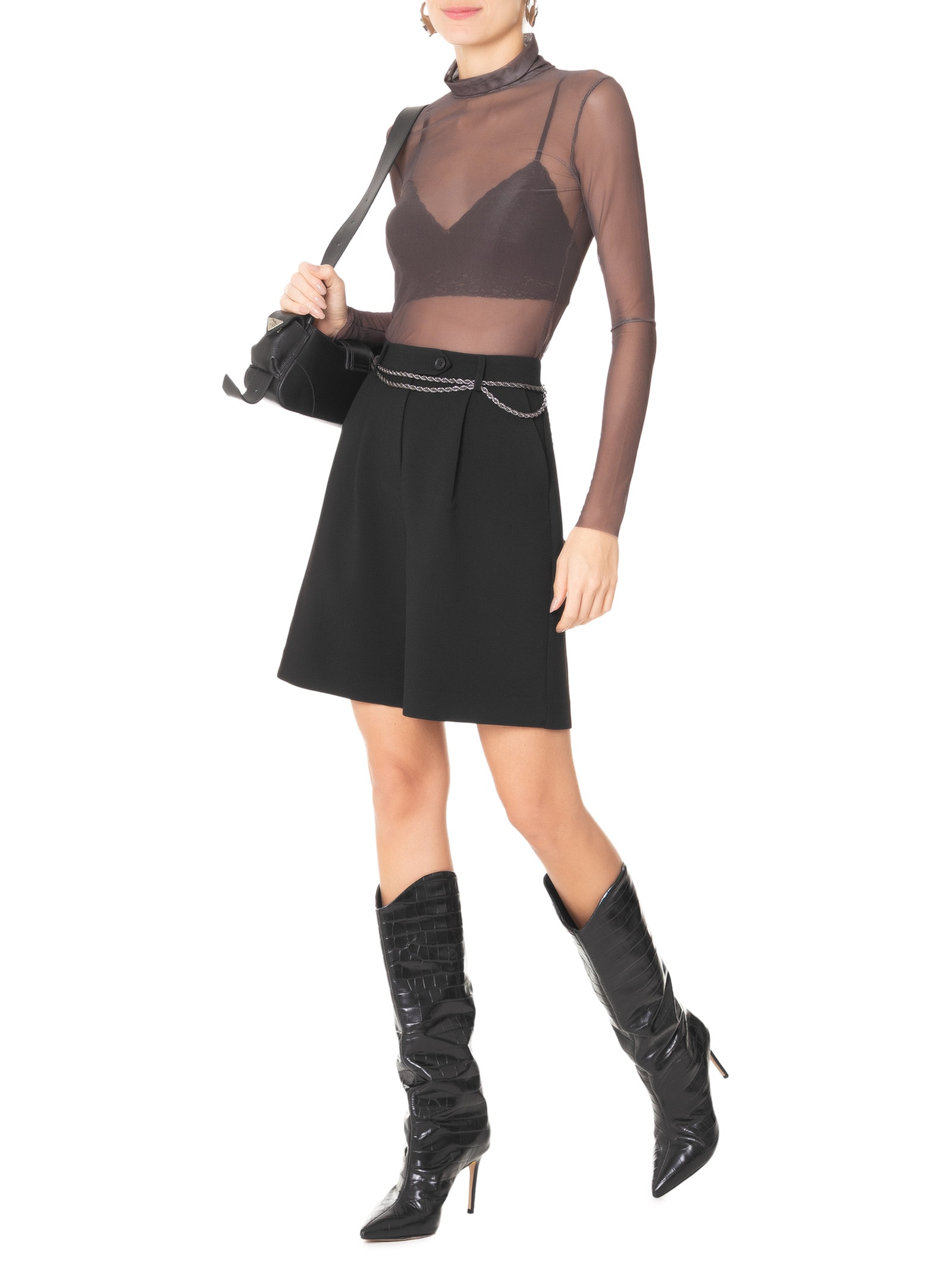 Blusa Feminina Manga Longa Gola Alta Tule Marrom Animale Jeans