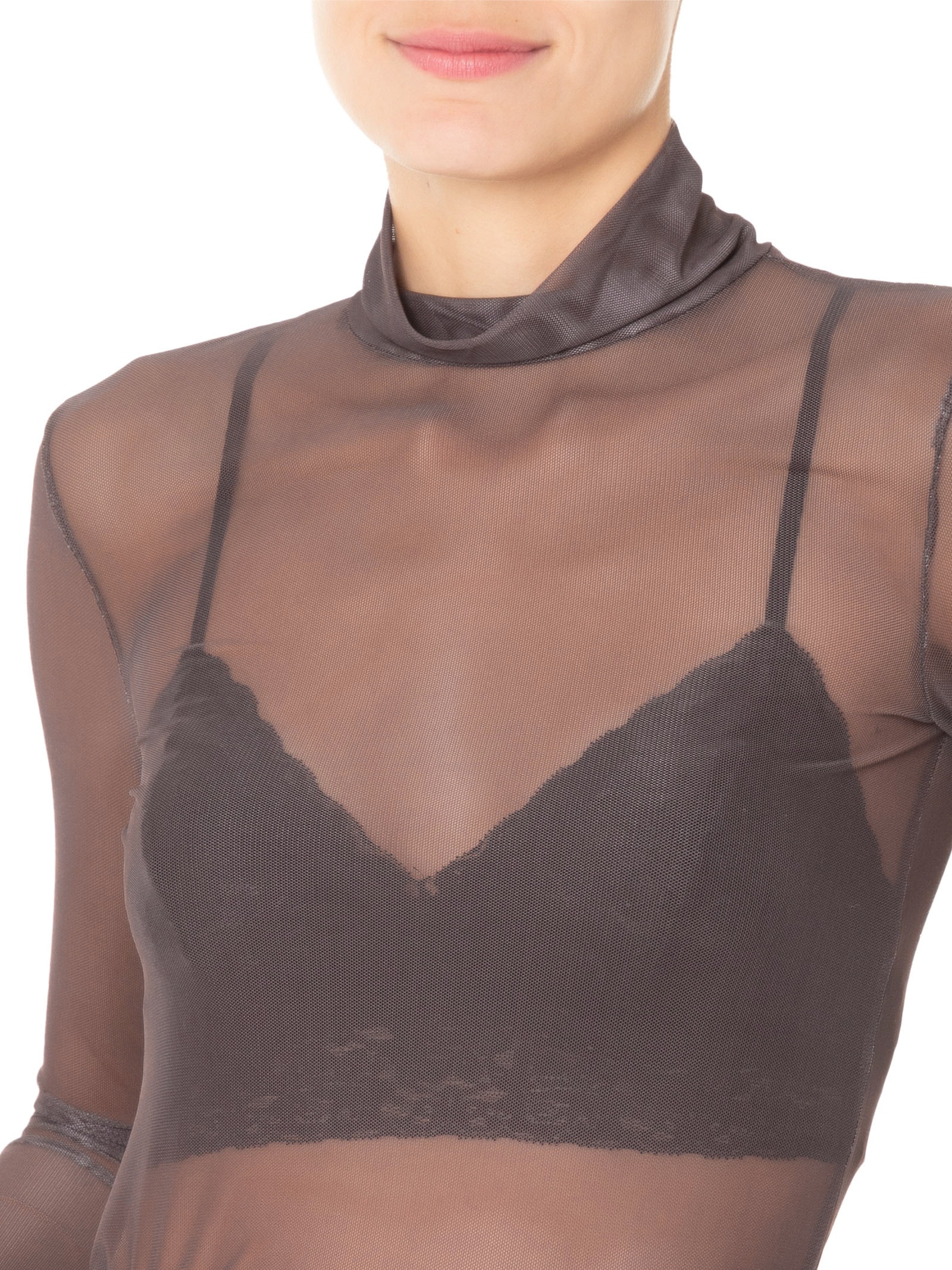 Blusa Feminina Manga Longa Gola Alta Tule Marrom Animale Jeans