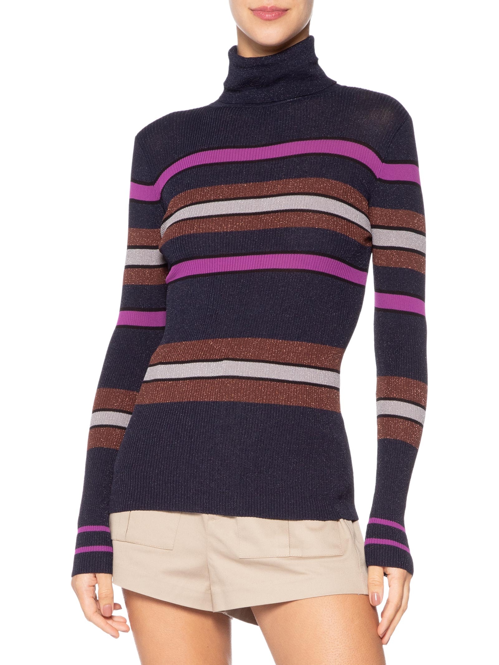 Blusa Feminina Manga Longa Listras Com Lurex Cinza Animale