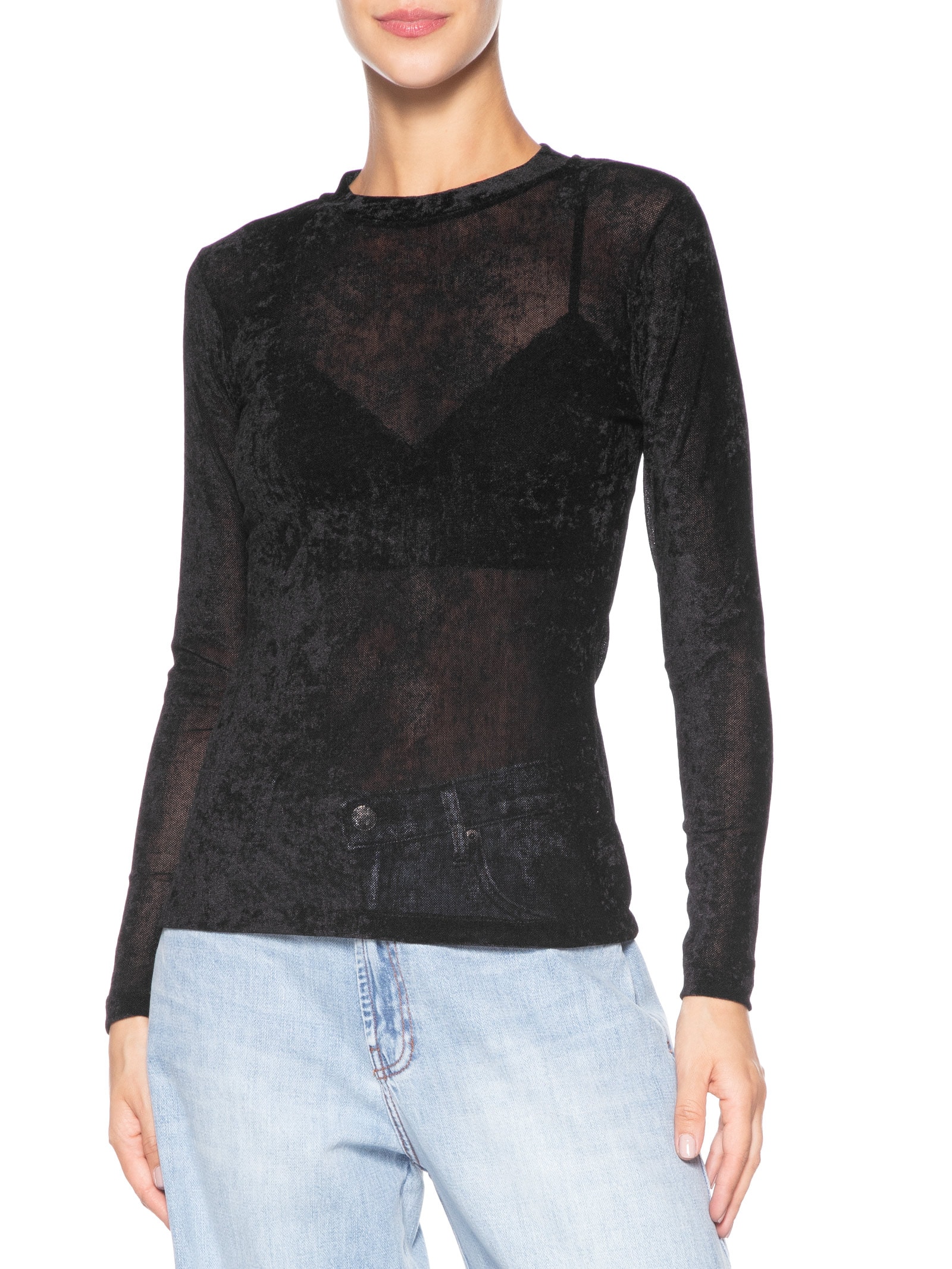 Blusa Feminina Manga Longa Tule De Veludo Preto Maria Filó