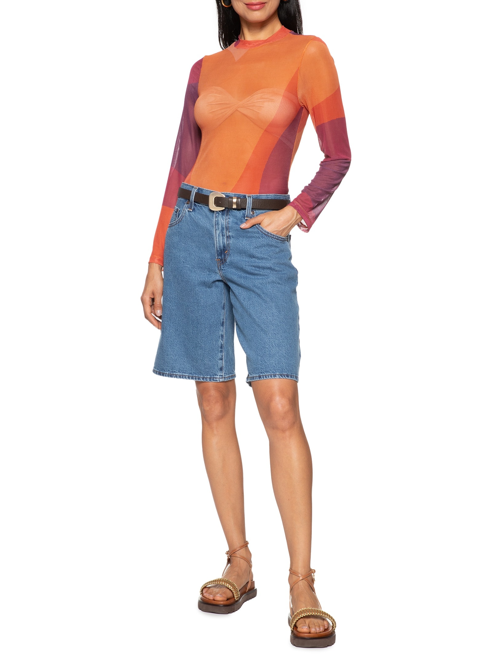 Blusa Feminina Manga Longa Tule Estampado Laranja Cacay