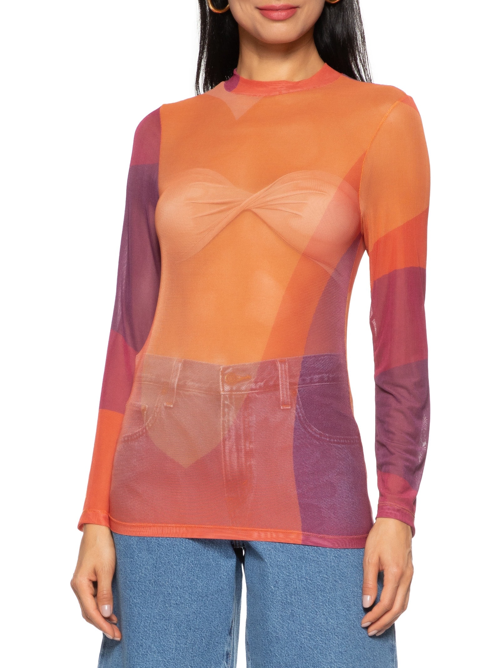 Blusa Feminina Manga Longa Tule Estampado Laranja Cacay