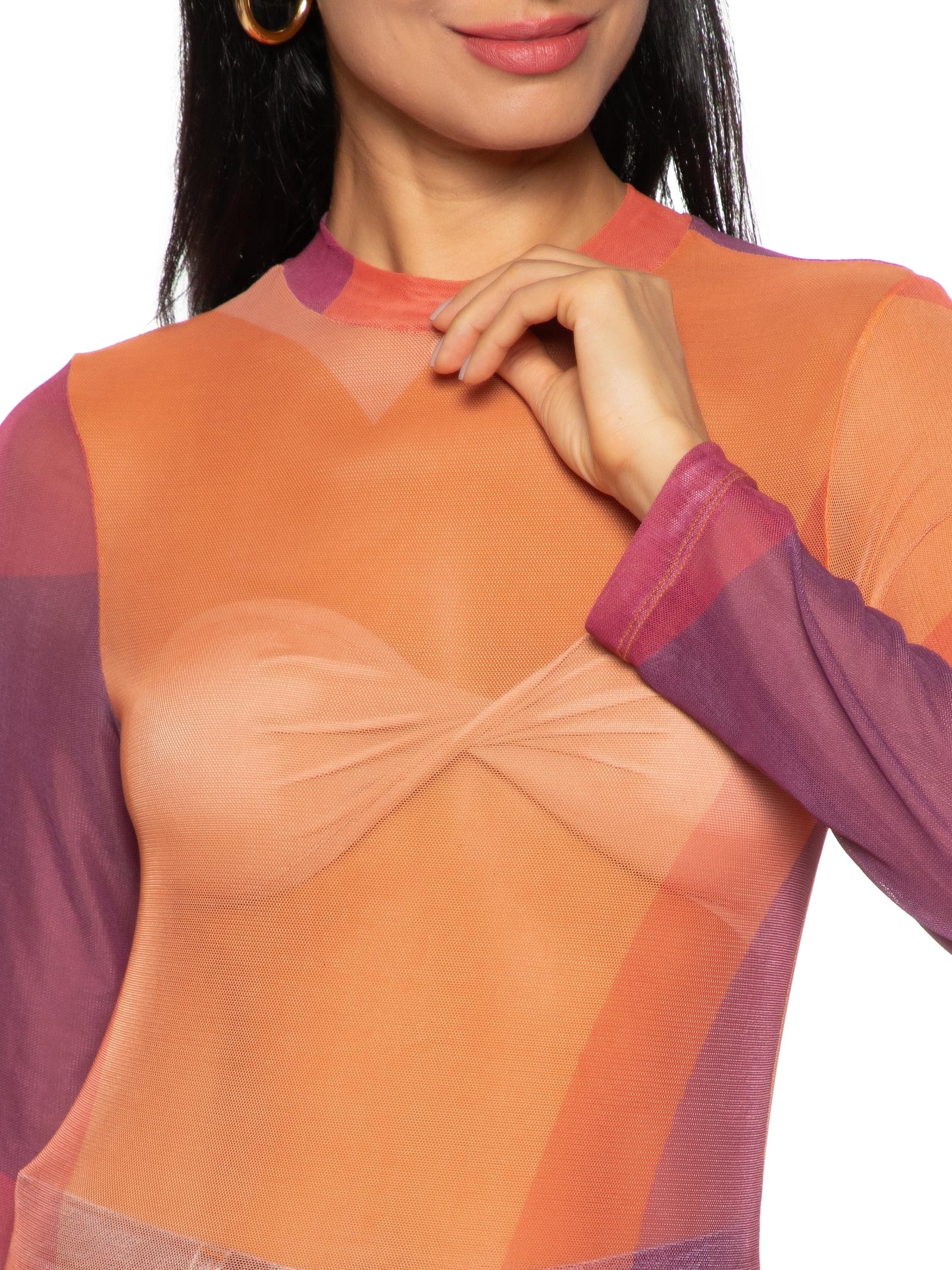 Blusa Feminina Manga Longa Tule Estampado Laranja Cacay