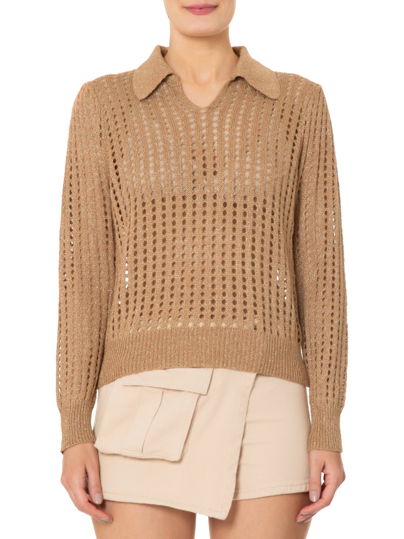 Blusa Feminina Manga Longa Vazada Em Tricot Marrom Market 33