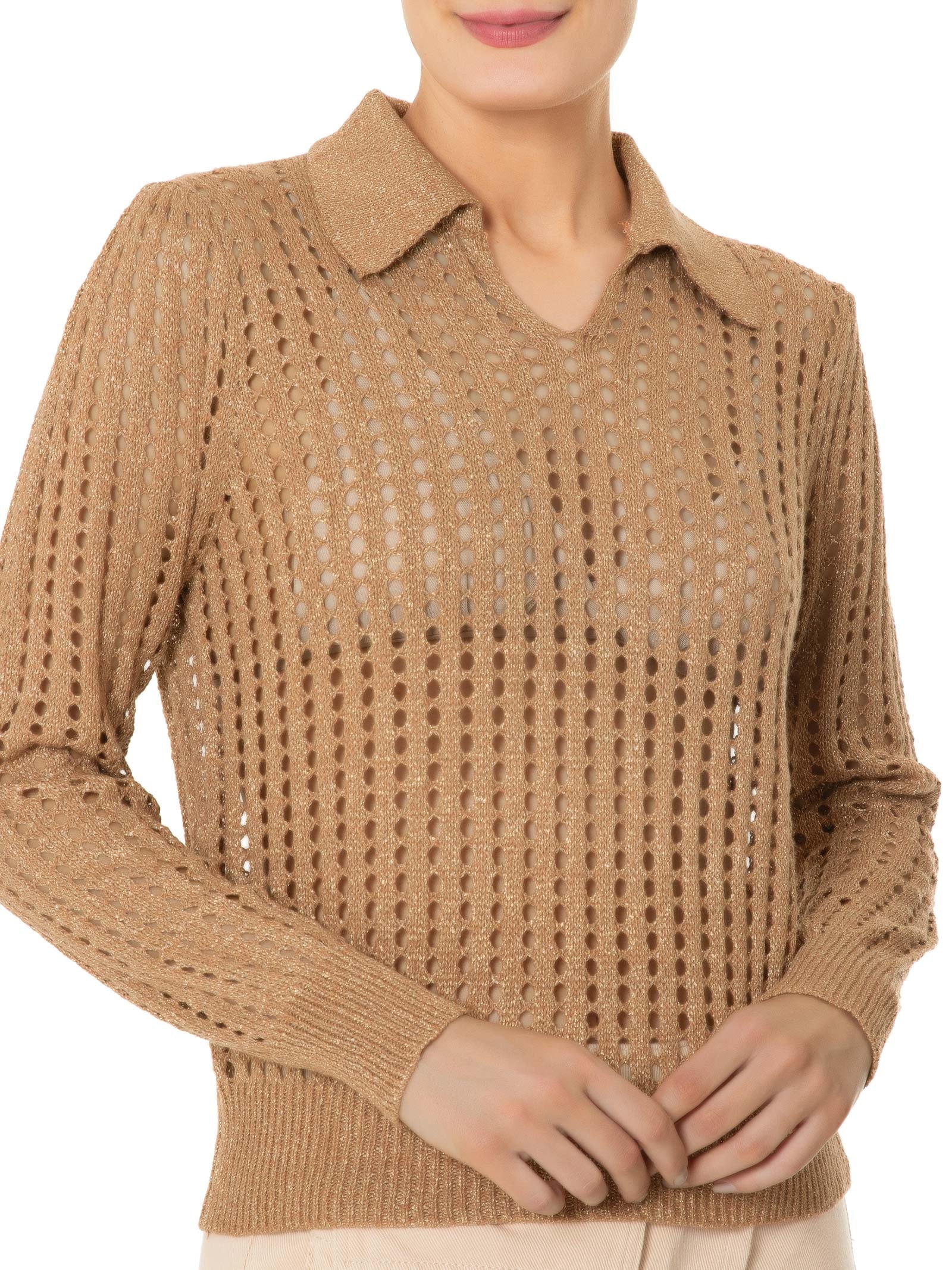 Blusa Feminina Manga Longa Vazada Em Tricot Marrom Market 33