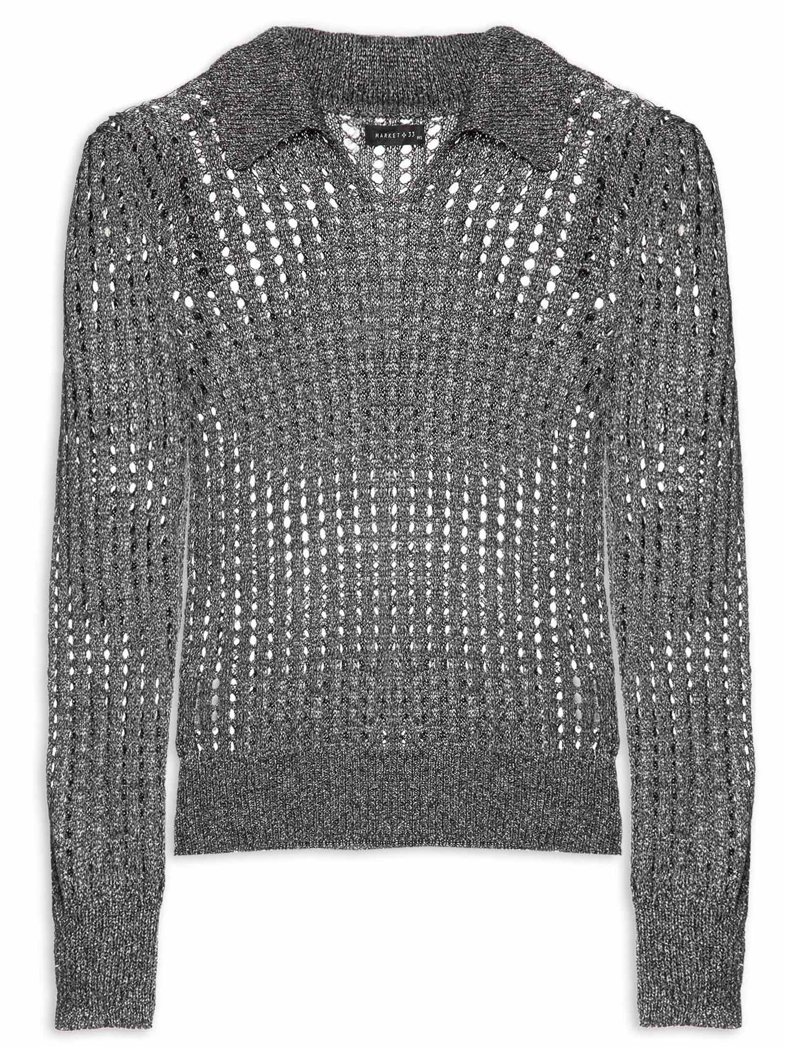 Blusa Feminina Manga Longa Vazada Em Tricot Preto Market 33