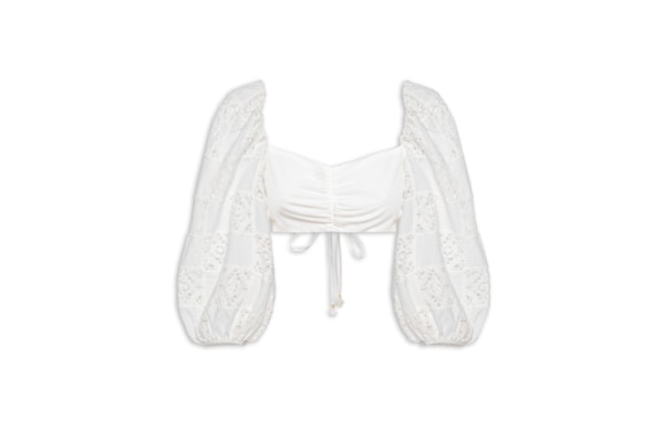 Blusa Feminina Manga Patch Crochet - Branco