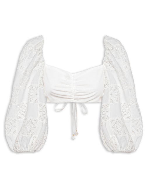 Blusa Feminina Manga Patch Crochet - Branco