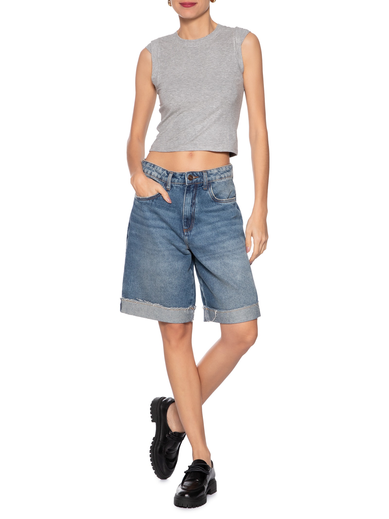 Blusa Feminina Manga Sobreposta Cinza  Basiq