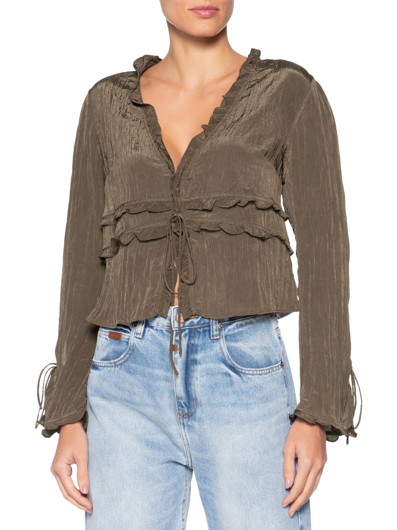 Blusa Feminina Mangas Amarração Marrom Farm