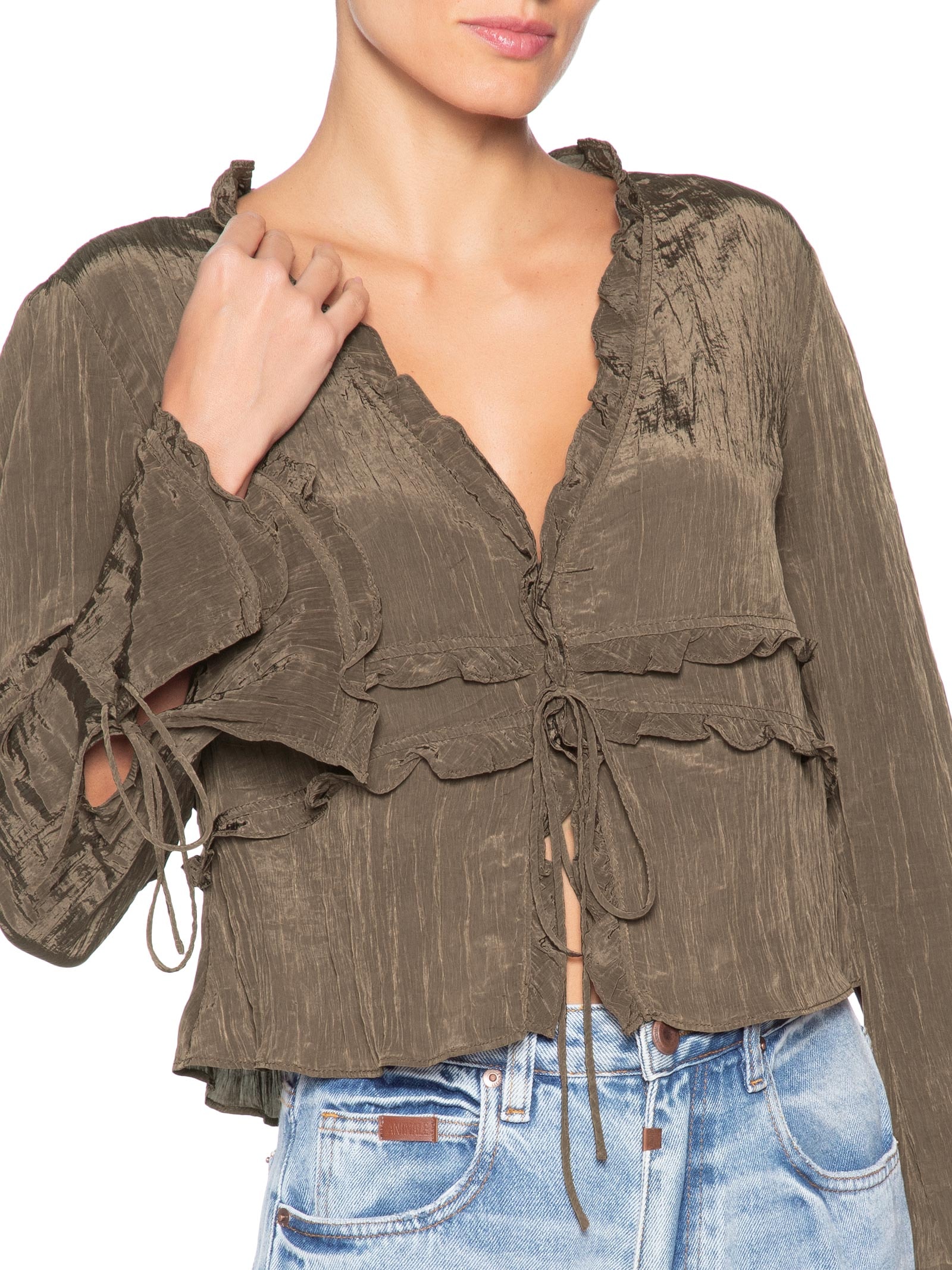 Blusa Feminina Mangas Amarração Marrom Farm