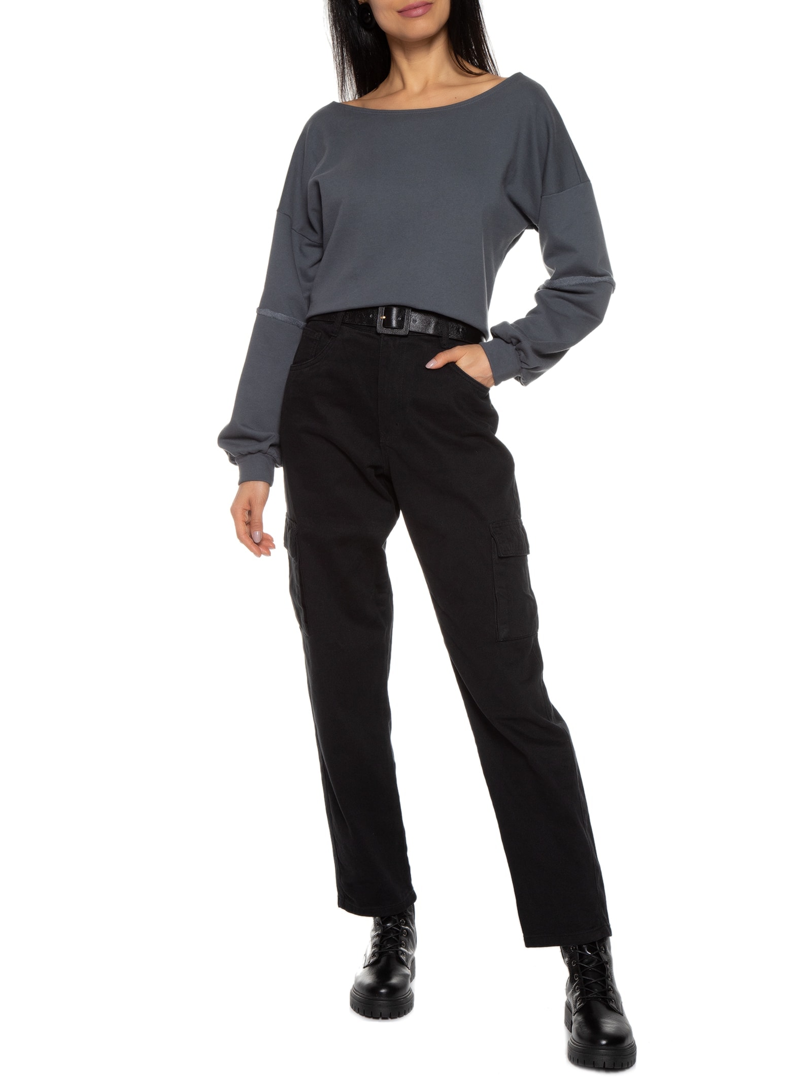 Blusa Feminina Moletom Costa Aberta Decote Canoa Cinza Basiq