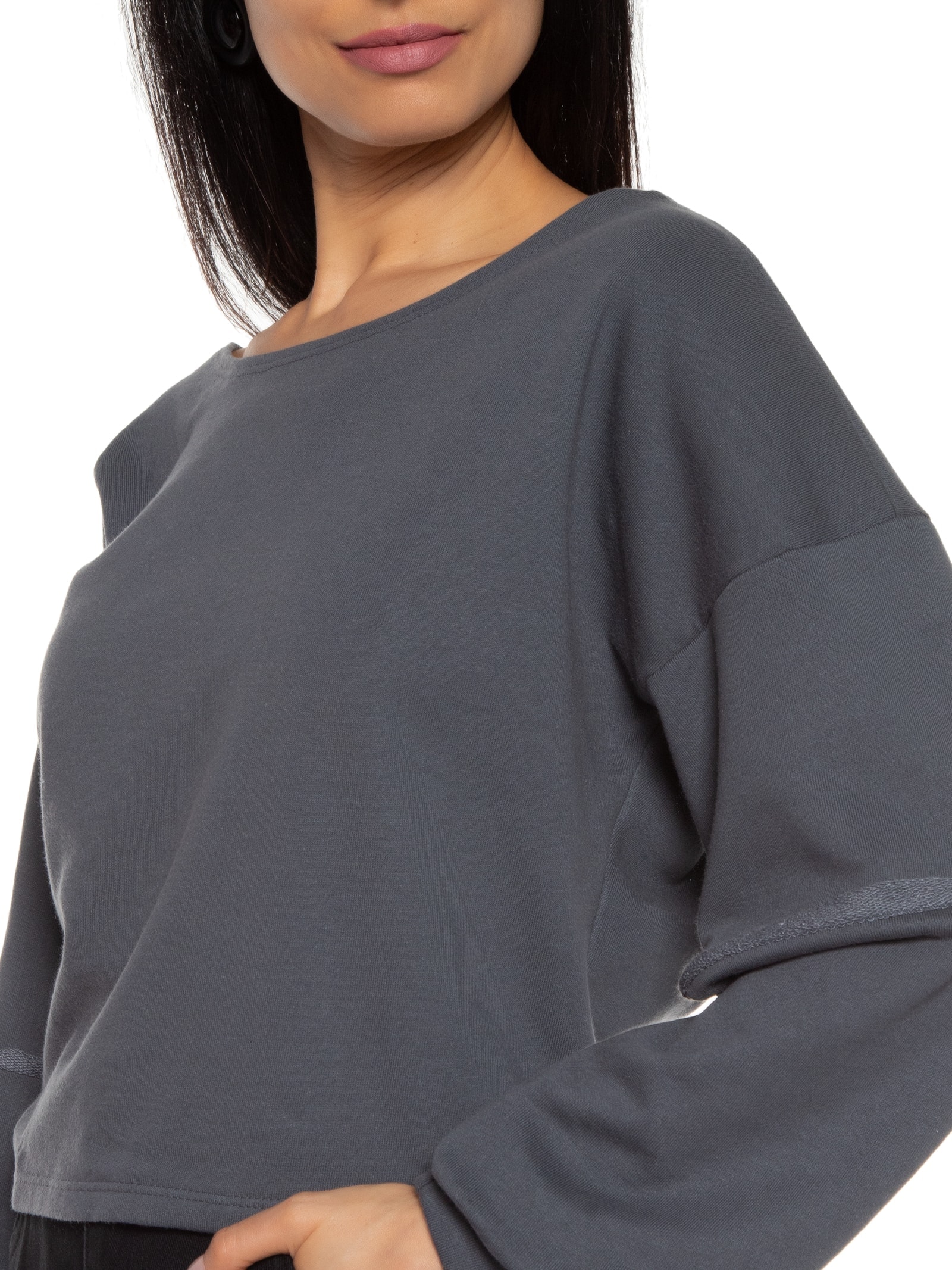 Blusa Feminina Moletom Costa Aberta Decote Canoa Cinza Basiq