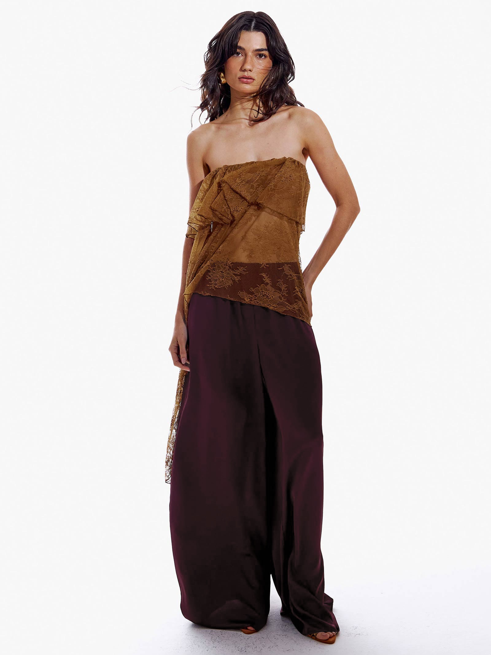 Blusa Feminina Mullet de Renda Sem Alça Marrom My Favorite