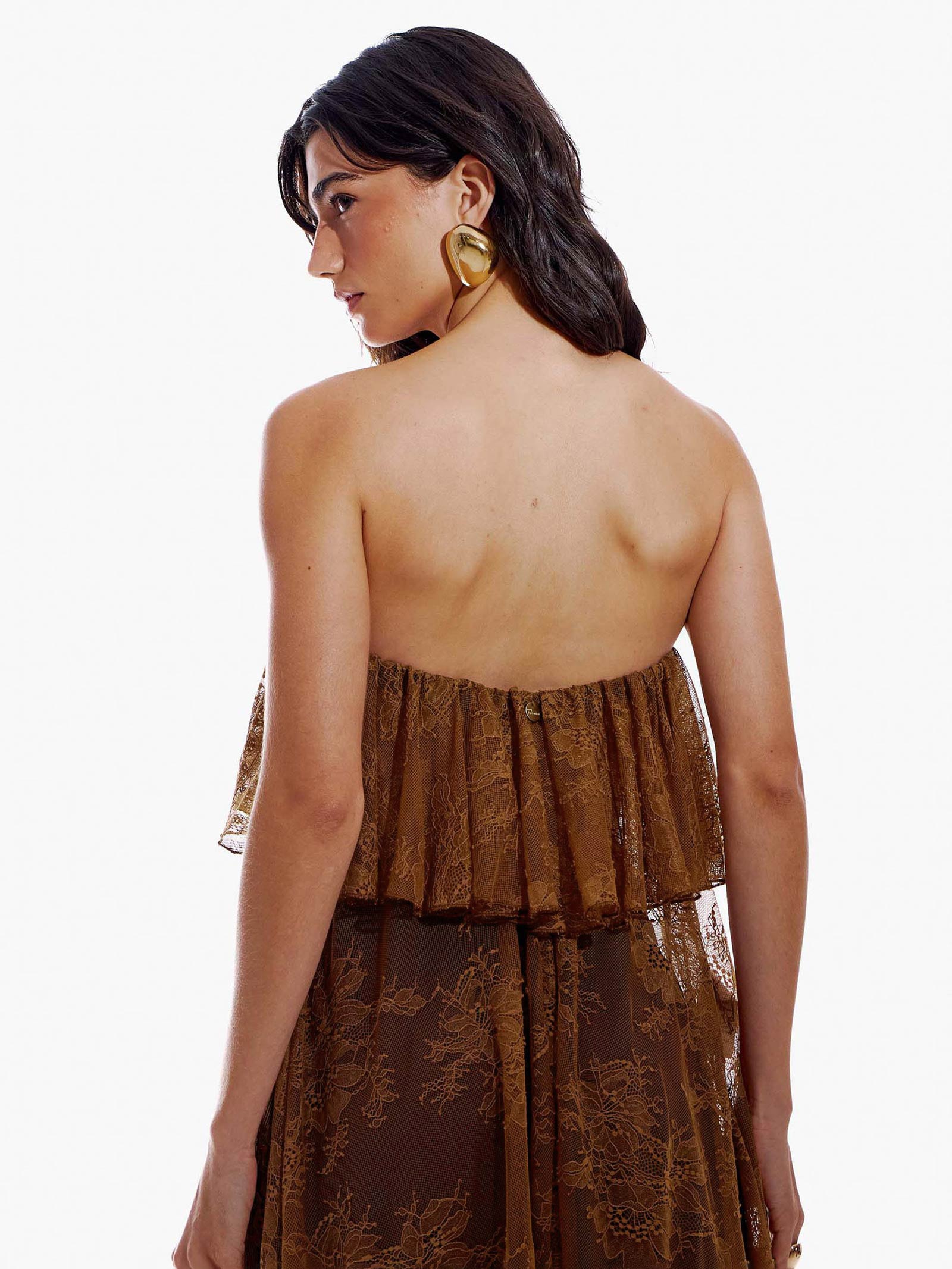 Blusa Feminina Mullet de Renda Sem Alça Marrom My Favorite