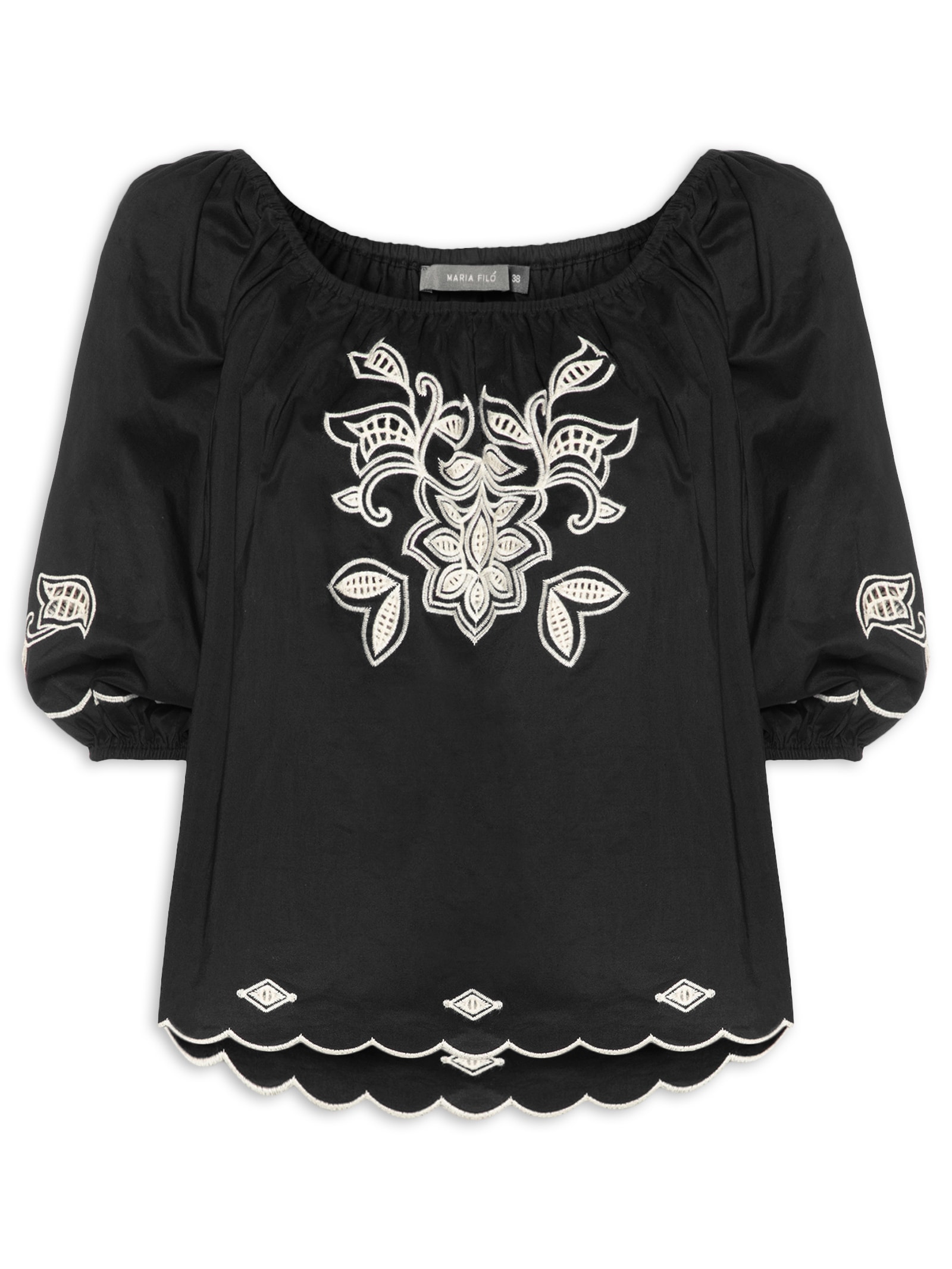 Blusa Feminina Ombro A Ombro Bordado Folk Preto Maria Filó