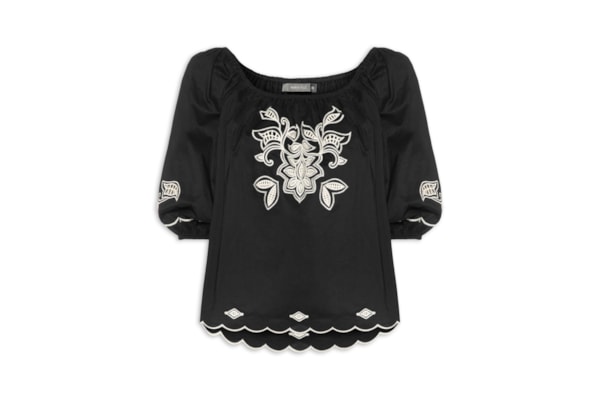 Blusa Feminina Ombro A Ombro Bordado Folk - Preto