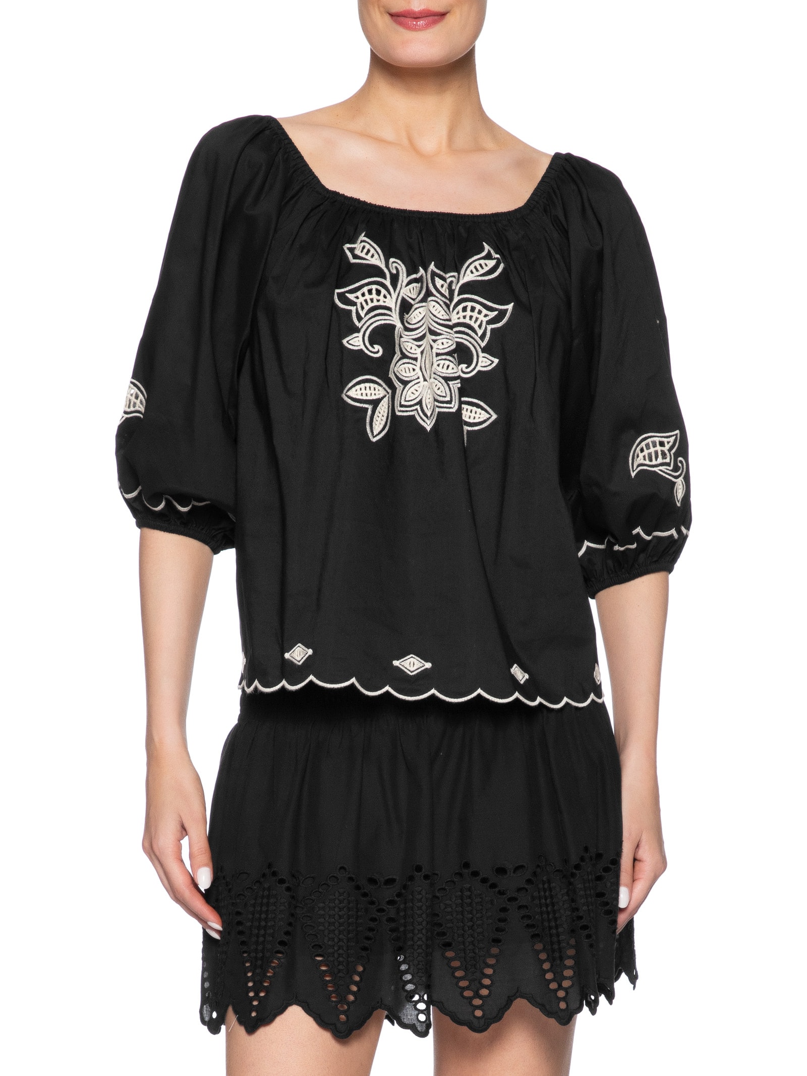 Blusa Feminina Ombro A Ombro Bordado Folk Preto Maria Filó