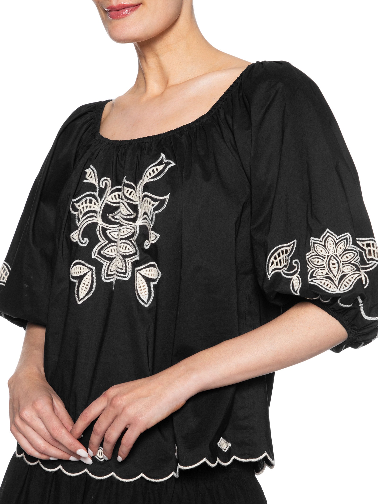 Blusa Feminina Ombro A Ombro Bordado Folk Preto Maria Filó